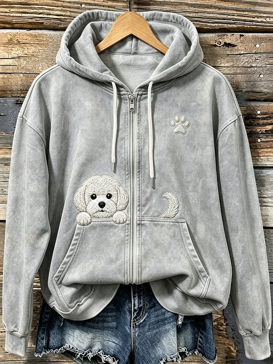 Kvinnors söta kikande Bichon Frize med tass Print Mysig Zip-Up Hoodie med korsa