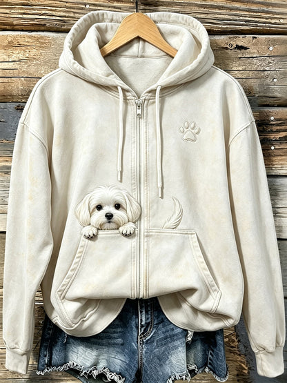 Kvinnors söta kikande maltesiska hund med tassar Print Mysig Zip-Up Hoodie.