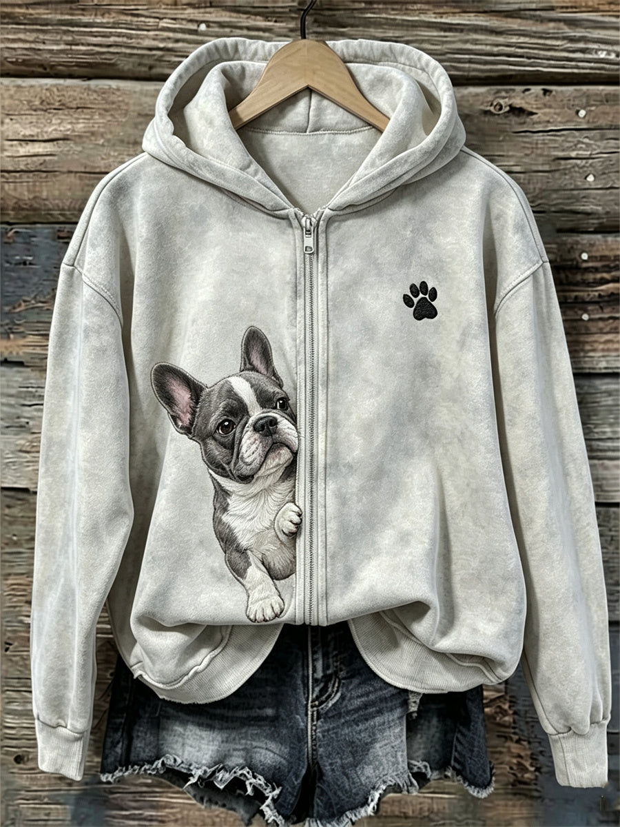 Kvinnors kikande franska Bulldog & Paw Print Full Zip Hoodie Zip