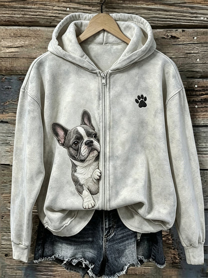 Kvinnors kikande franska Bulldog & Paw Print Full Zip Hoodie Zip