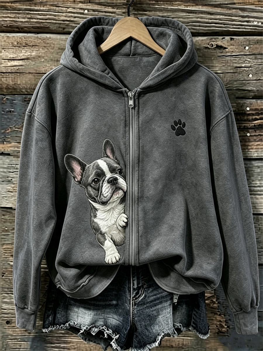 Kvinnors kikande franska Bulldog & Paw Print Full Zip Hoodie Zip
