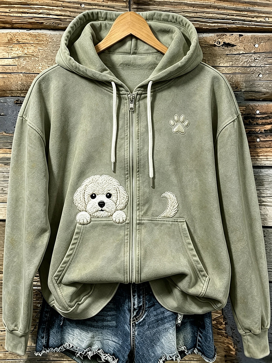 Kvinnors söta kikande Bichon Frize med tass Print Mysig Zip-Up Hoodie med korsa