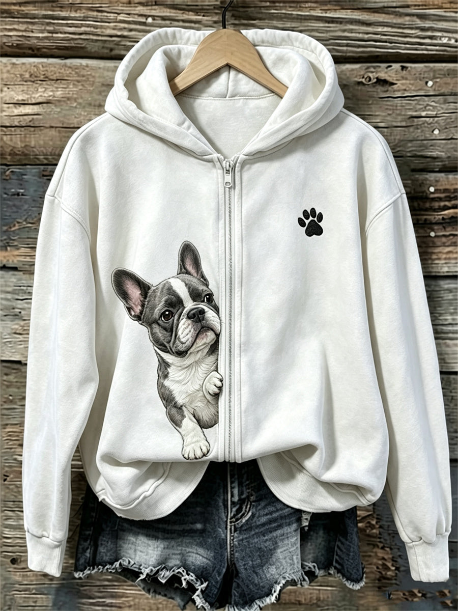 Kvinnors kikande franska Bulldog & Paw Print Full Zip Hoodie Zip