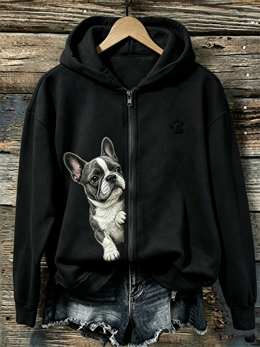 Kvinnors kikande franska Bulldog & Paw Print Full Zip Hoodie Zip