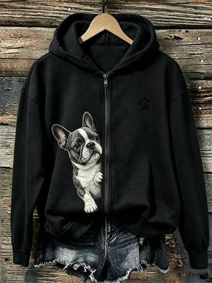 Kvinnors kikande franska Bulldog & Paw Print Full Zip Hoodie Zip