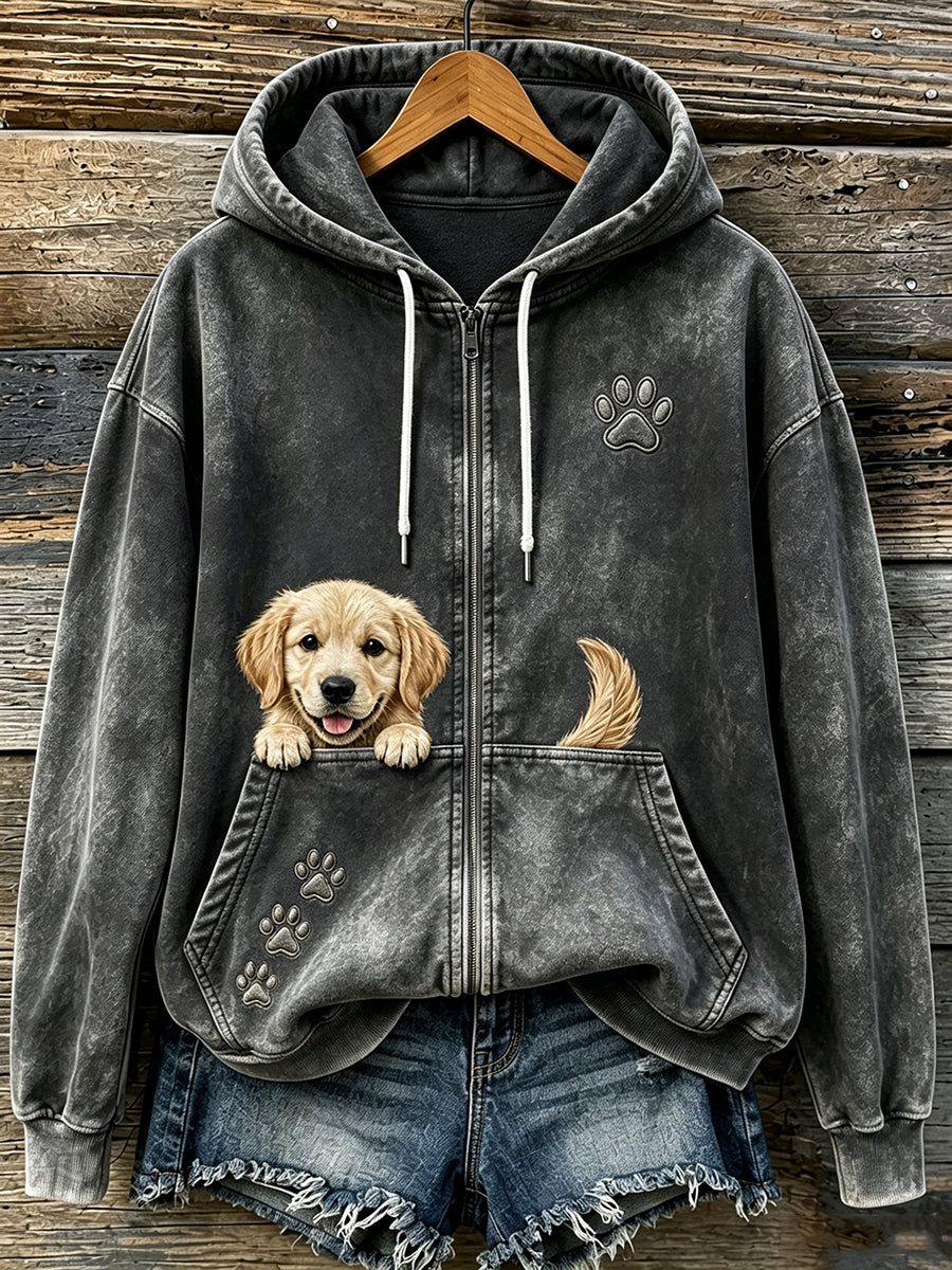 Kvinnors söta kikande gyllene retriever & tassar Skriv ut mysig Zip-Up Hoodie.
