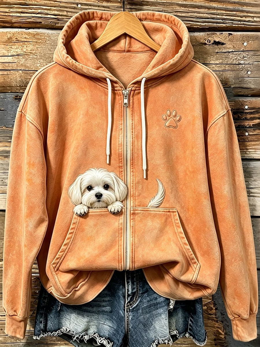 Kvinnors söta kikande maltesiska hund med tassar Print Mysig Zip-Up Hoodie.