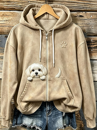 Kvinnors söta kikande maltesiska hund med tassar Print Mysig Zip-Up Hoodie.