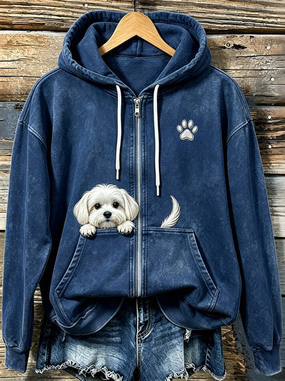 Kvinnors söta kikande maltesiska hund med tassar Print Mysig Zip-Up Hoodie.