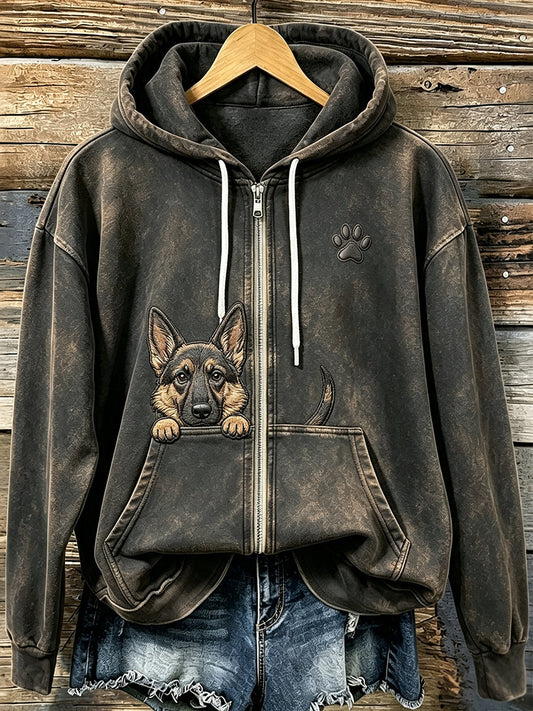 Kvinnors söta kikande tyska Shepherd med tass Print Mysig Zip-Up Hoodie.
