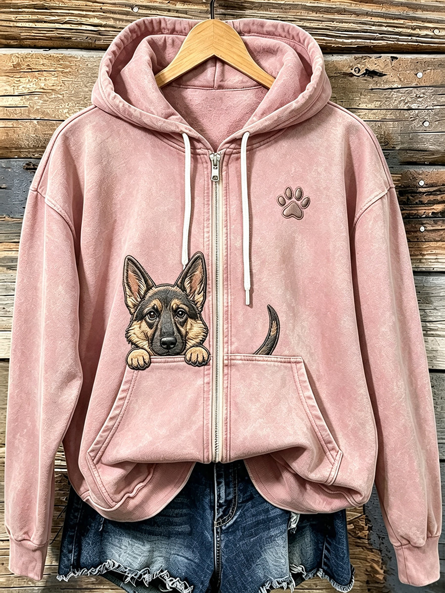 Kvinnors söta kikande tyska Shepherd med tass Print Mysig Zip-Up Hoodie.