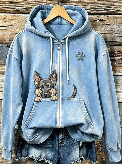 Kvinnors söta kikande tyska Shepherd med tass Print Mysig Zip-Up Hoodie.
