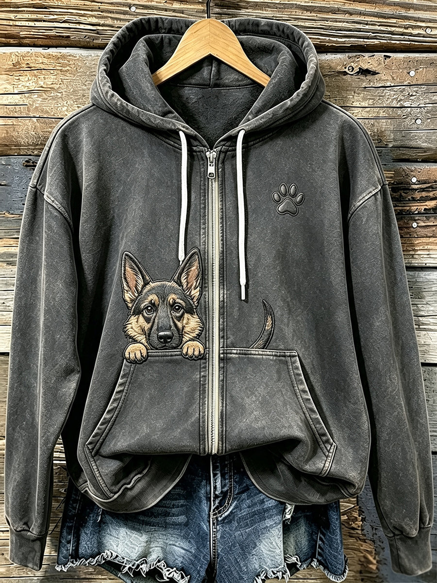 Kvinnors söta kikande tyska Shepherd med tass Print Mysig Zip-Up Hoodie.