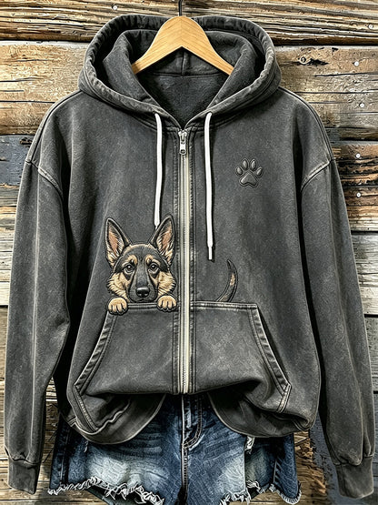 Kvinnors söta kikande tyska Shepherd med tass Print Mysig Zip-Up Hoodie.