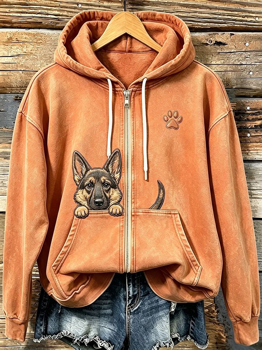 Kvinnors söta kikande tyska Shepherd med tass Print Mysig Zip-Up Hoodie.