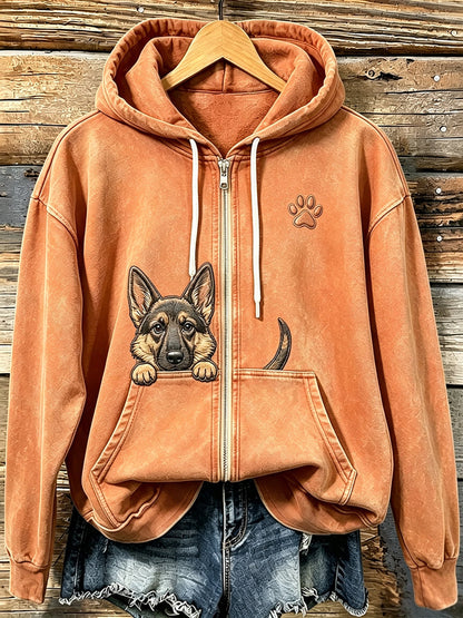 Kvinnors söta kikande tyska Shepherd med tass Print Mysig Zip-Up Hoodie.