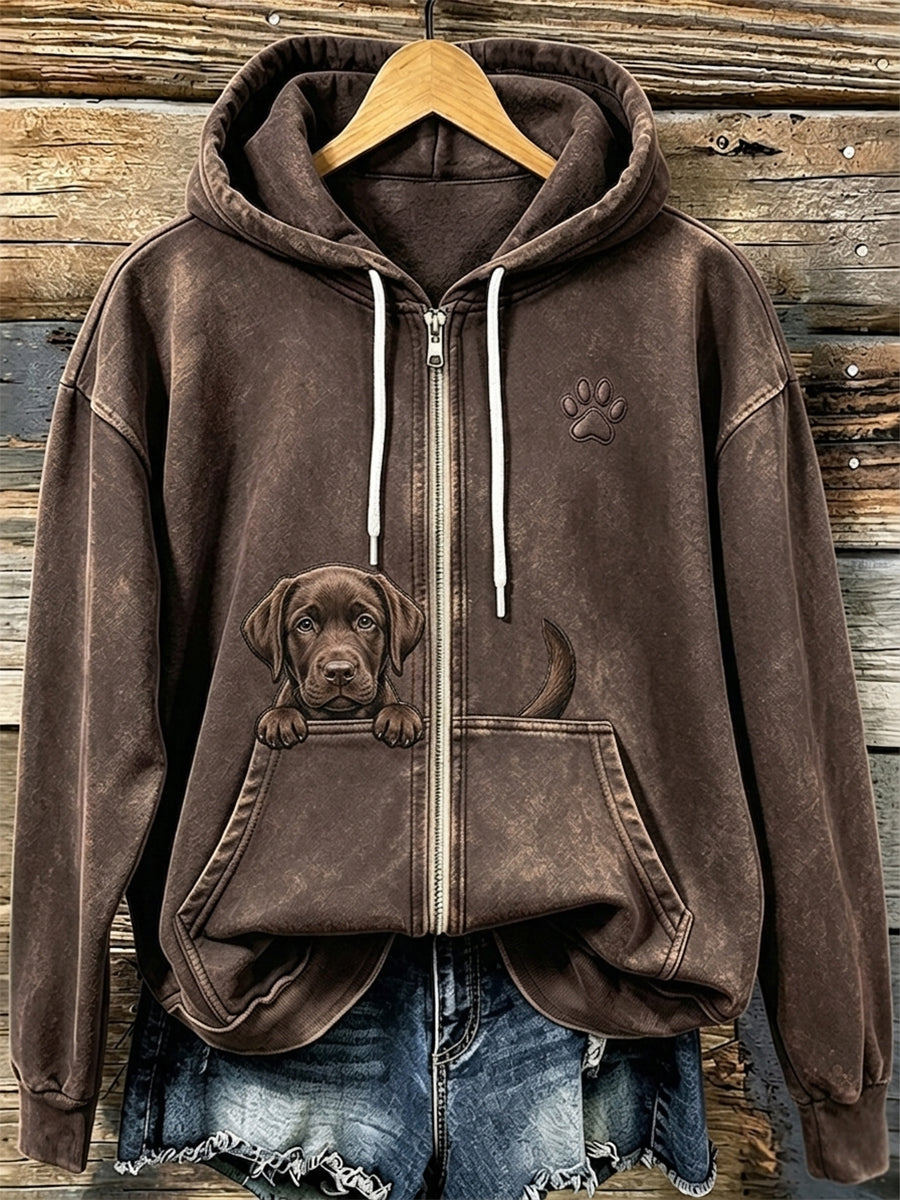 Kvinnors choklad Labrador & tassar Print Mysig Zip-Up HoodieName