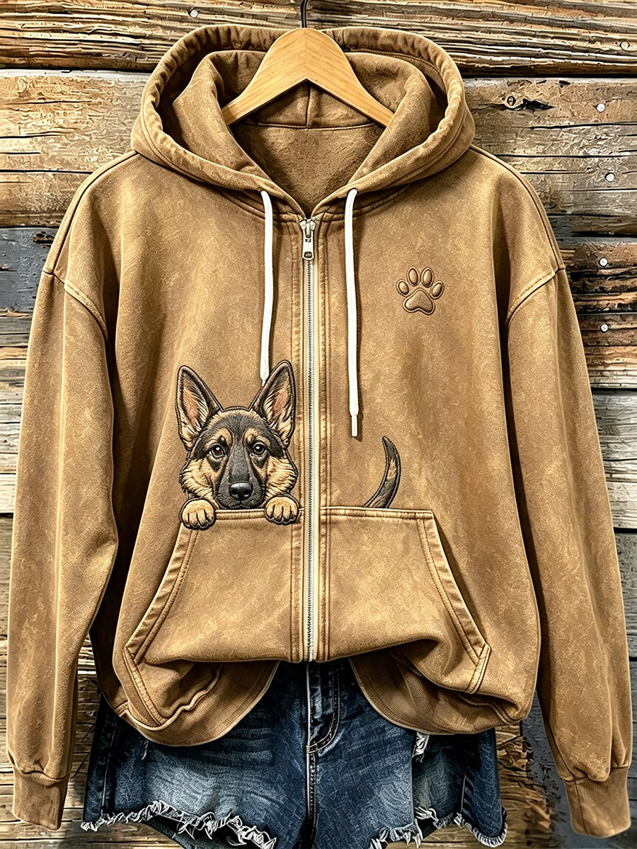 Kvinnors söta kikande tyska Shepherd med tass Print Mysig Zip-Up Hoodie.