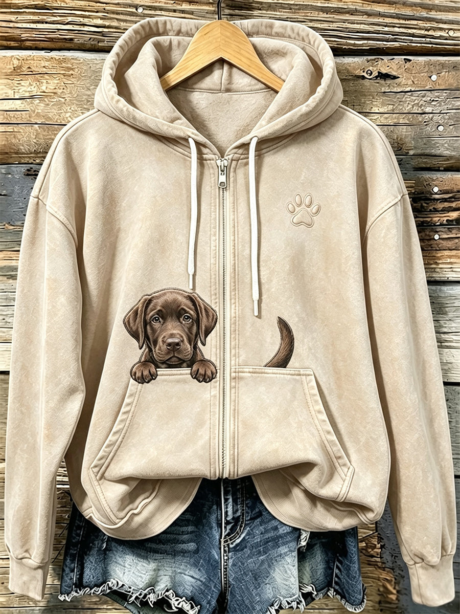 Kvinnors choklad Labrador & tassar Print Mysig Zip-Up HoodieName