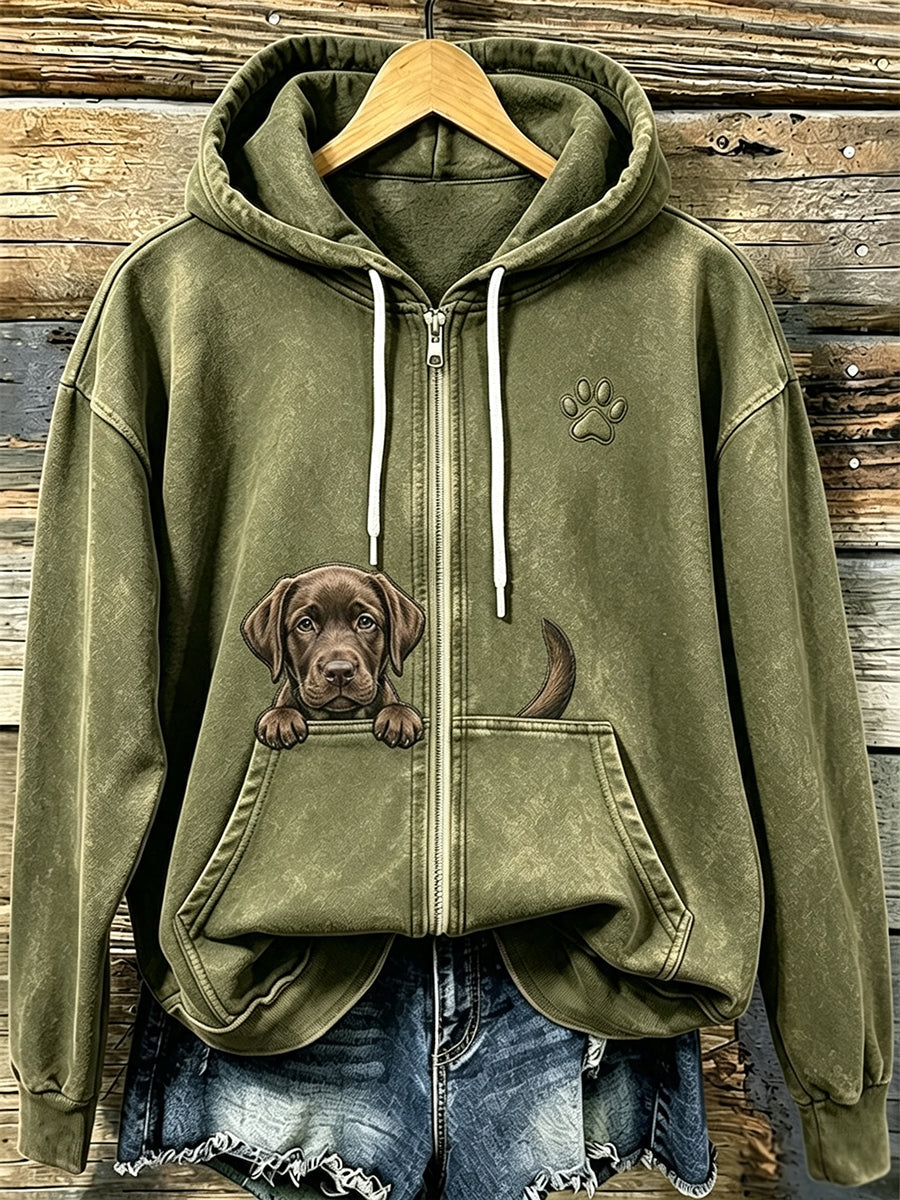 Kvinnors choklad Labrador & tassar Print Mysig Zip-Up HoodieName