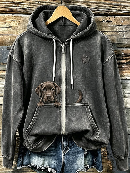 Kvinnors choklad Labrador & tassar Print Mysig Zip-Up HoodieName