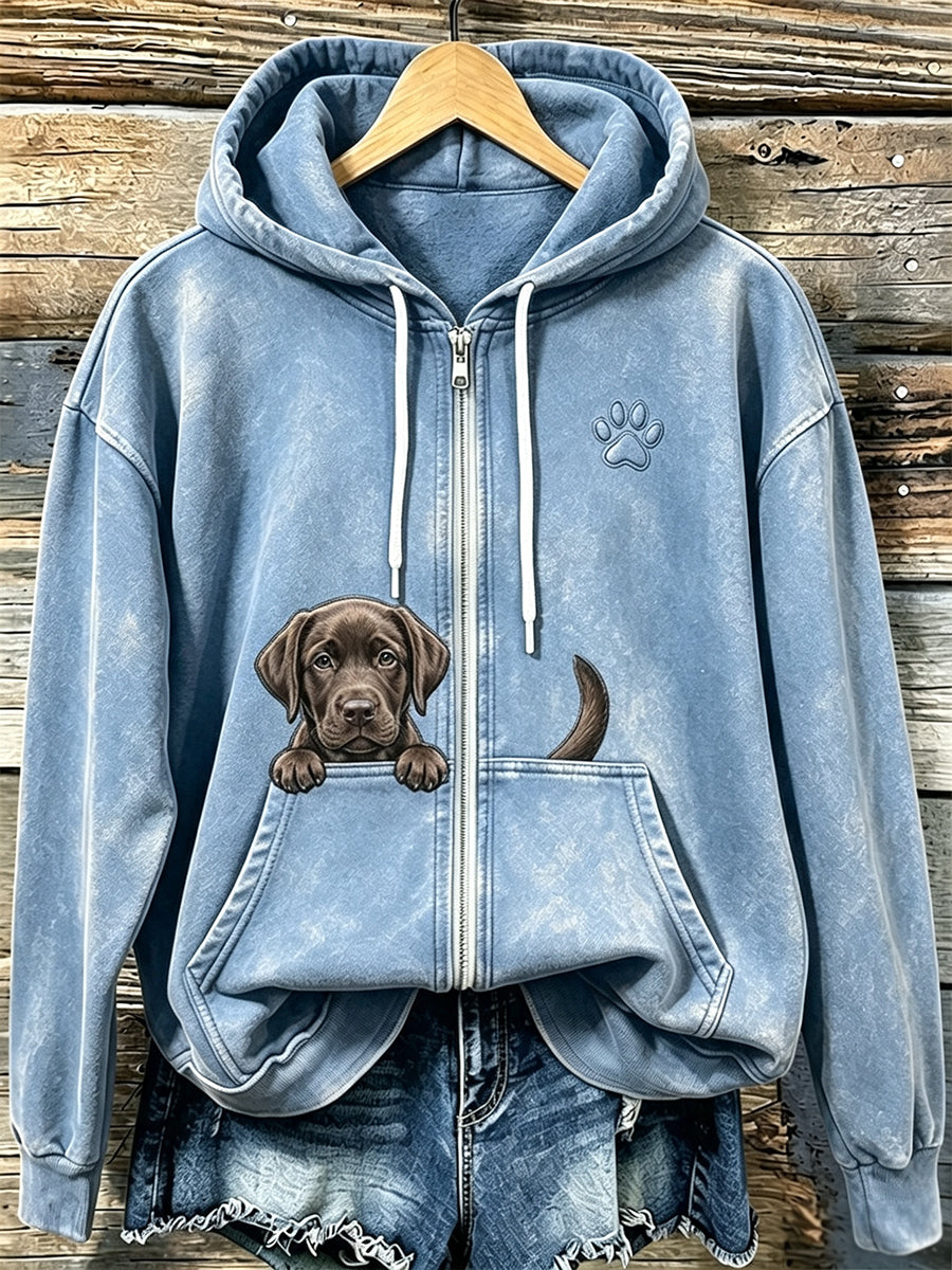Kvinnors choklad Labrador & tassar Print Mysig Zip-Up HoodieName