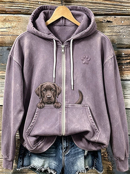Kvinnors choklad Labrador & tassar Print Mysig Zip-Up HoodieName