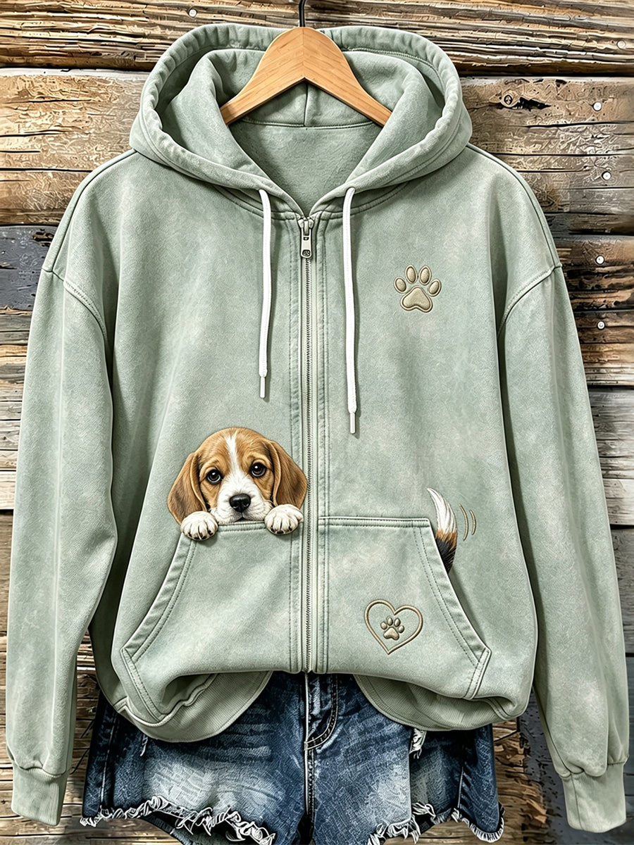 Kvinnors söta kikande Beagle & Paw Print Mysig Zip-Up Hoodie.