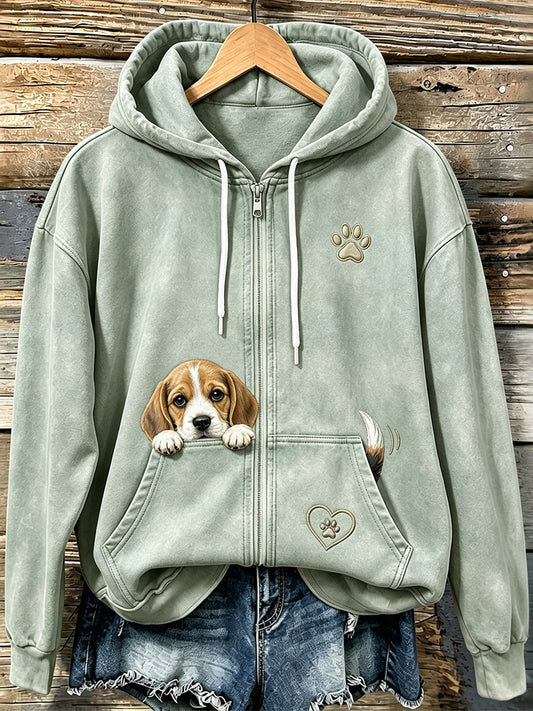 Kvinnors söta kikande Beagle & Paw Print Mysig Zip-Up Hoodie.