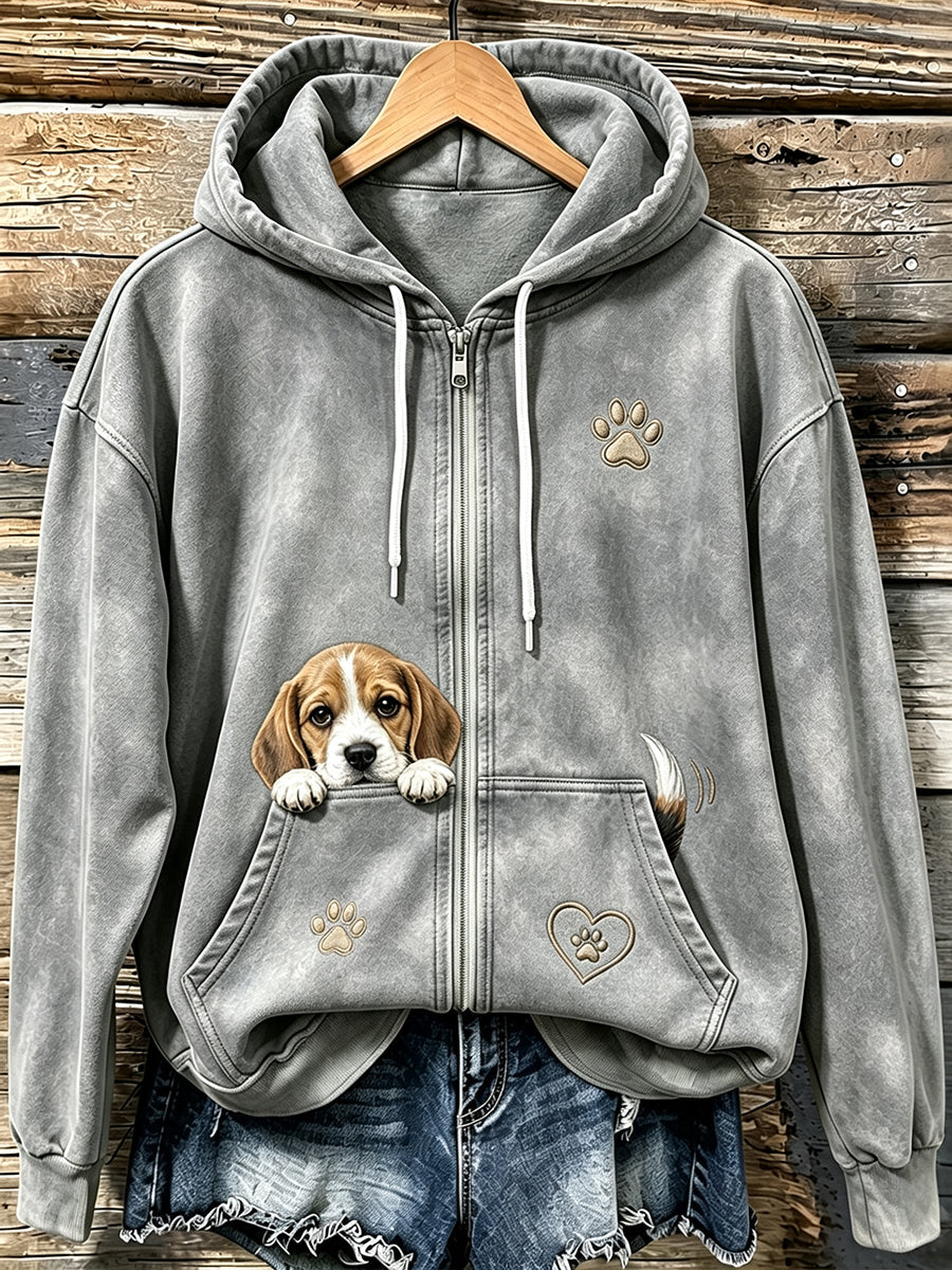 Kvinnors söta kikande Beagle & Paw Print Mysig Zip-Up Hoodie.