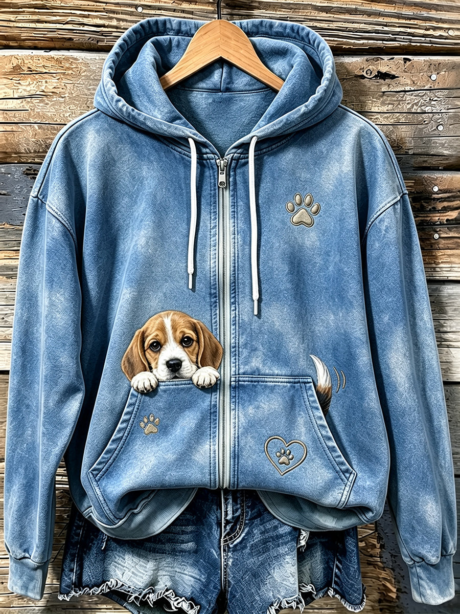 Kvinnors söta kikande Beagle & Paw Print Mysig Zip-Up Hoodie.