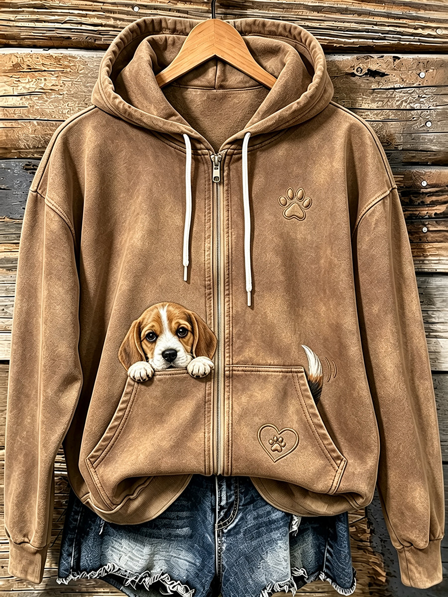 Kvinnors söta kikande Beagle & Paw Print Mysig Zip-Up Hoodie.