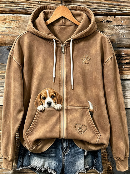Kvinnors söta kikande Beagle & Paw Print Mysig Zip-Up Hoodie.