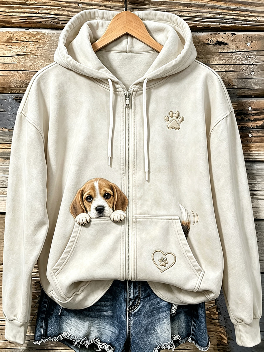 Kvinnors söta kikande Beagle & Paw Print Mysig Zip-Up Hoodie.