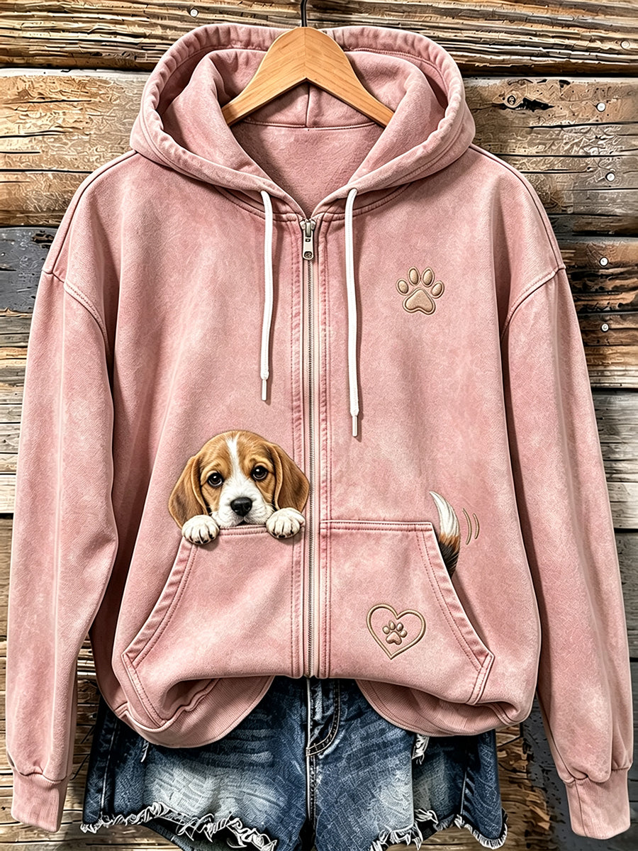 Kvinnors söta kikande Beagle & Paw Print Mysig Zip-Up Hoodie.
