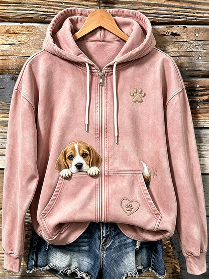 Kvinnors söta kikande Beagle & Paw Print Mysig Zip-Up Hoodie.