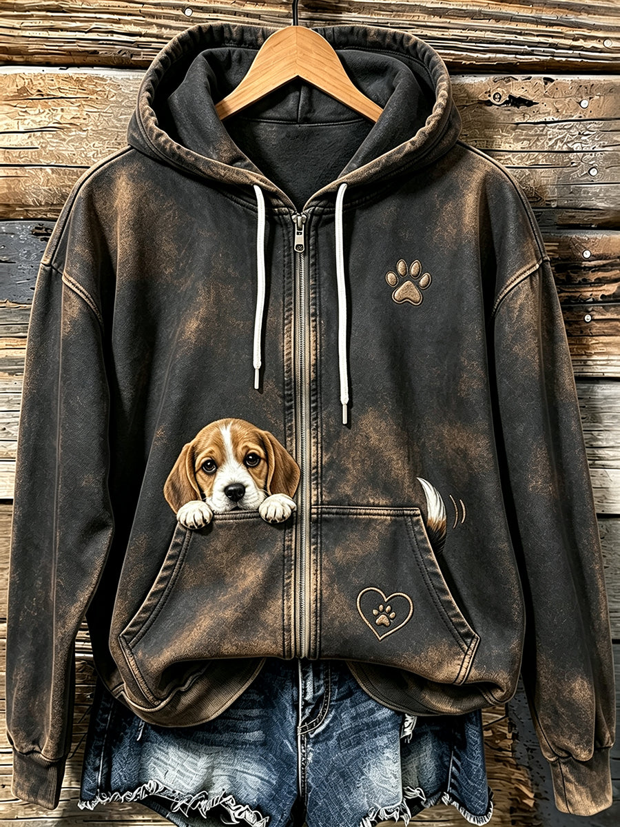 Kvinnors söta kikande Beagle & Paw Print Mysig Zip-Up Hoodie.