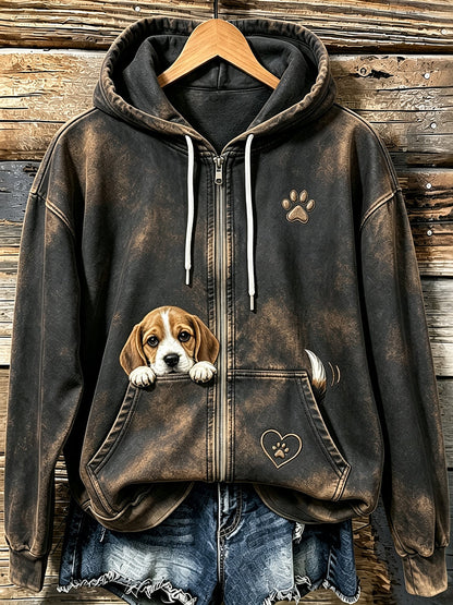 Kvinnors söta kikande Beagle & Paw Print Mysig Zip-Up Hoodie.