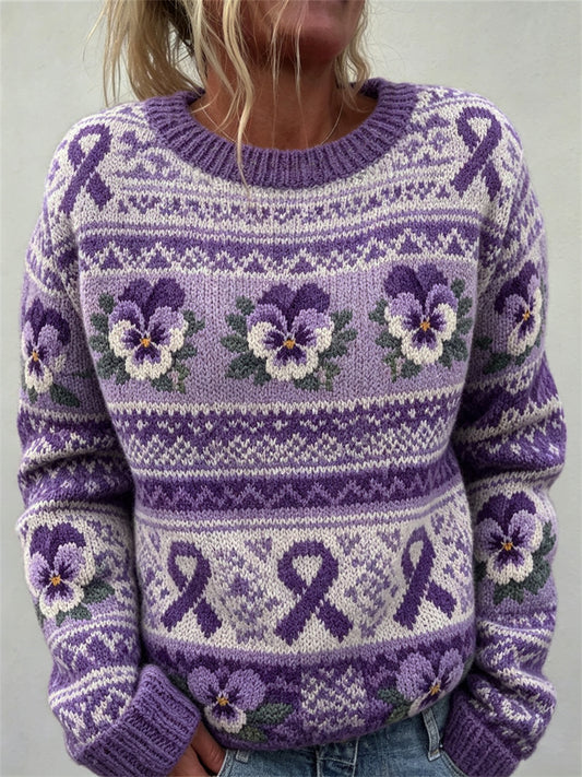 Kvinnors Vintage Purple Ribbon & Pansy Blommor Isle Mönster Print besättning hals tröjar