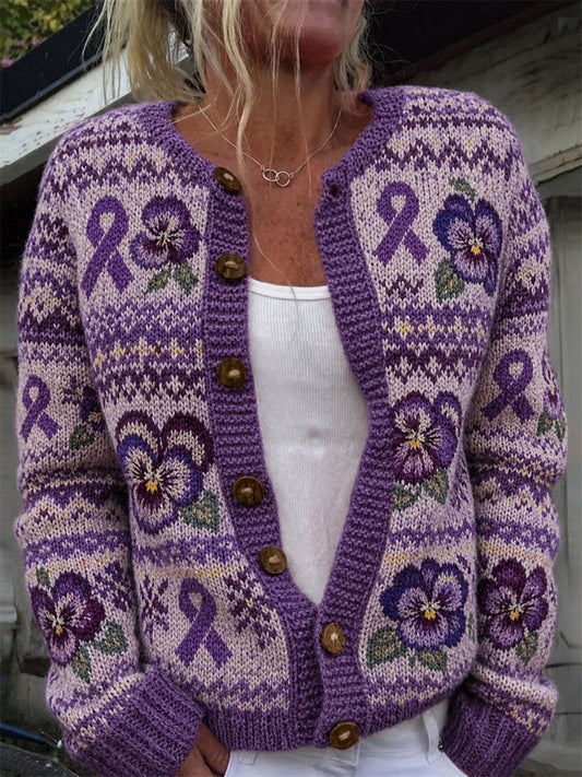 Kvinnlig vintage-väst med lila rosett- och penséblomstermönster