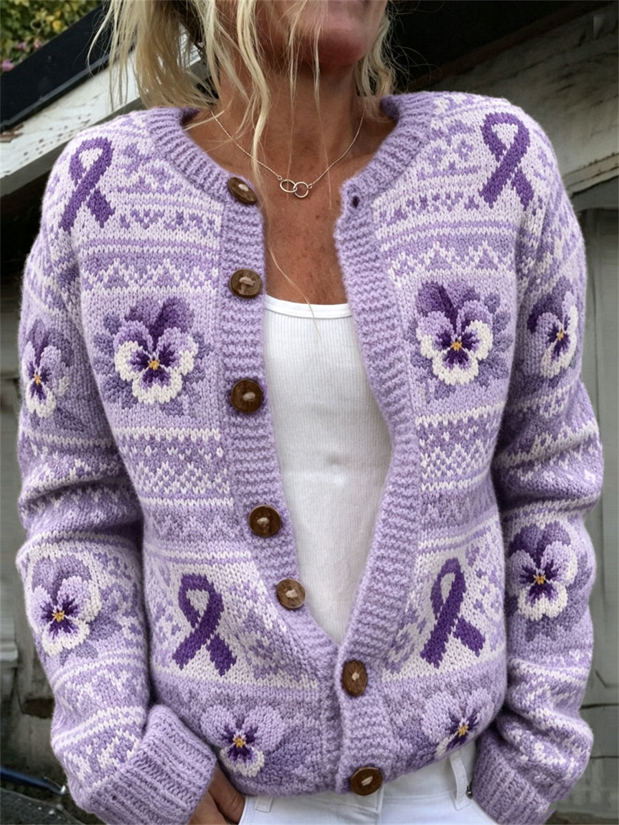 Kvinnors Vintage Purple Ribbon & Pansy Blommor Is mönster Skriv ut Cardigan