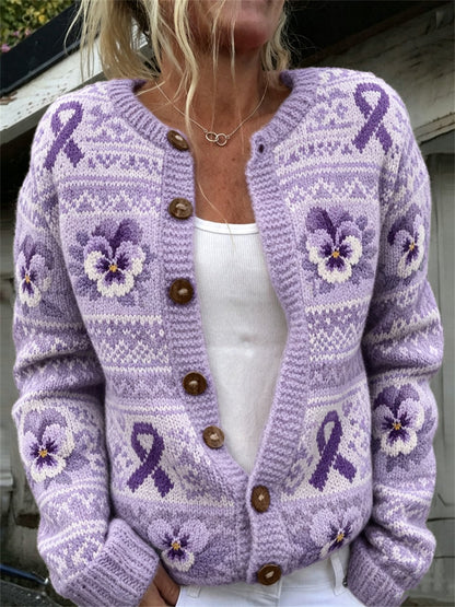 Kvinnors Vintage Purple Ribbon & Pansy Blommor Is mönster Skriv ut Cardigan