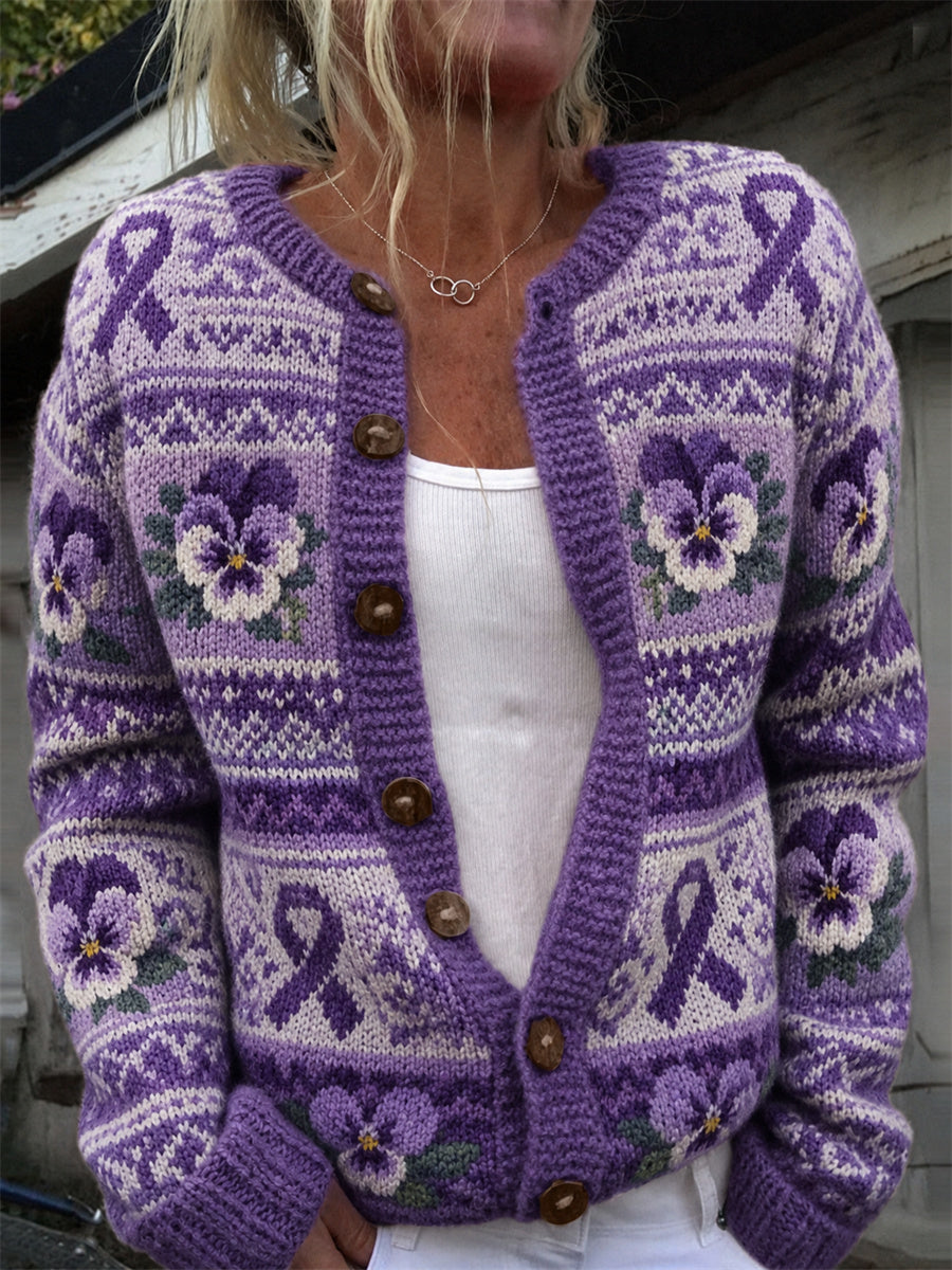 Kvinnors Vintage Purple Ribbon & Pansy Blommor Is mönster Skriv ut Cardigan