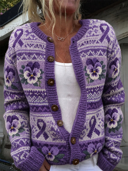 Kvinnors Vintage Purple Ribbon & Pansy Blommor Is mönster Skriv ut Cardigan