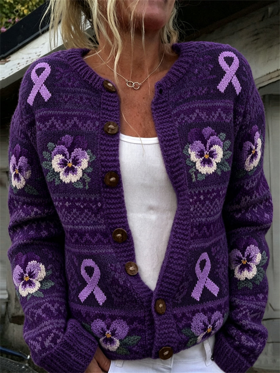 Kvinnors Vintage Purple Ribbon & Pansy Blommor Is mönster Skriv ut Cardigan
