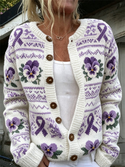 Kvinnors Vintage Purple Ribbon & Pansy Blommor Is mönster Skriv ut Cardigan