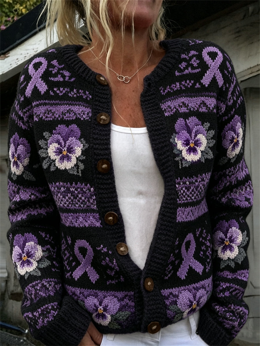 Kvinnors Vintage Purple Ribbon & Pansy Blommor Is mönster Skriv ut Cardigan