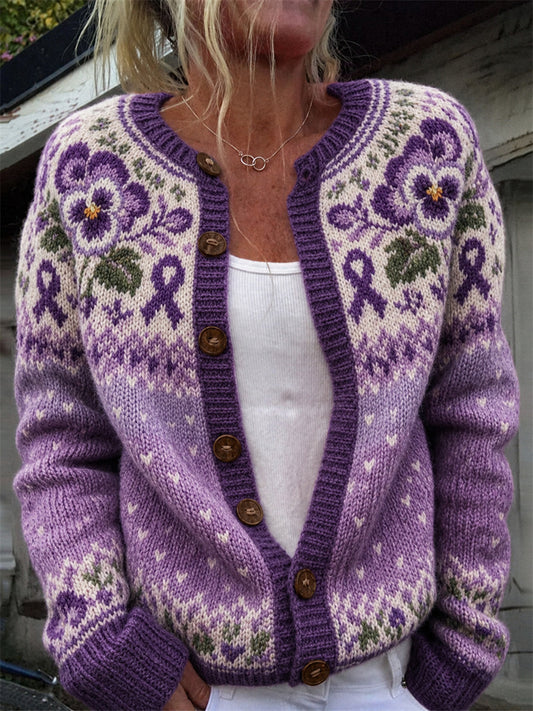 Kvinnlig vintage-väst med lila rosett- och penséblomstermönster