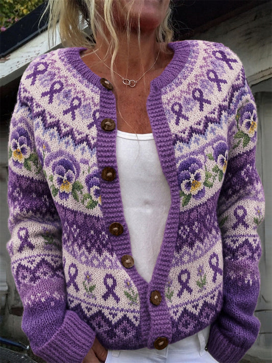 Kvinnlig vintage-väst med lila rosett- och penséblomstermönster