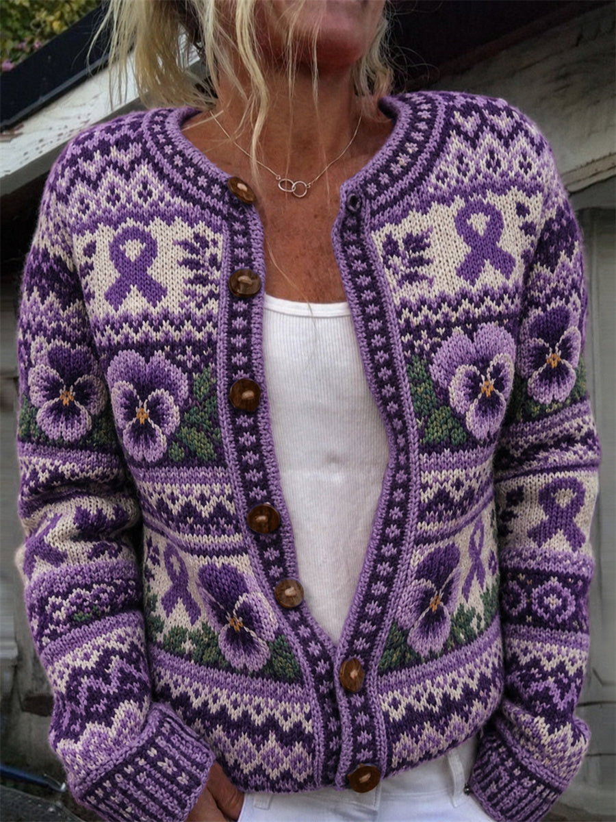 Kvinnlig vintage-väst med lila rosett- och penséblomstermönster